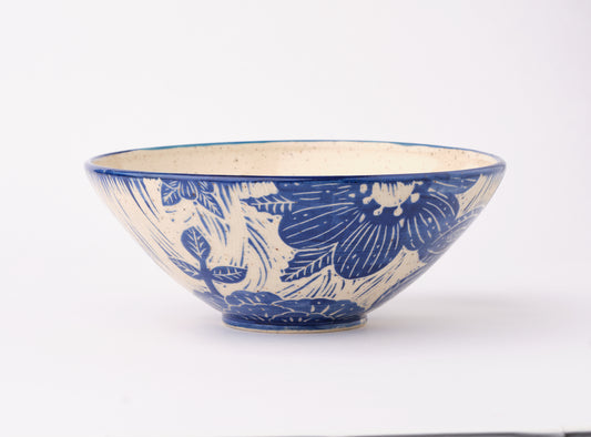 Serving Bowl with Blue Carved Flowers