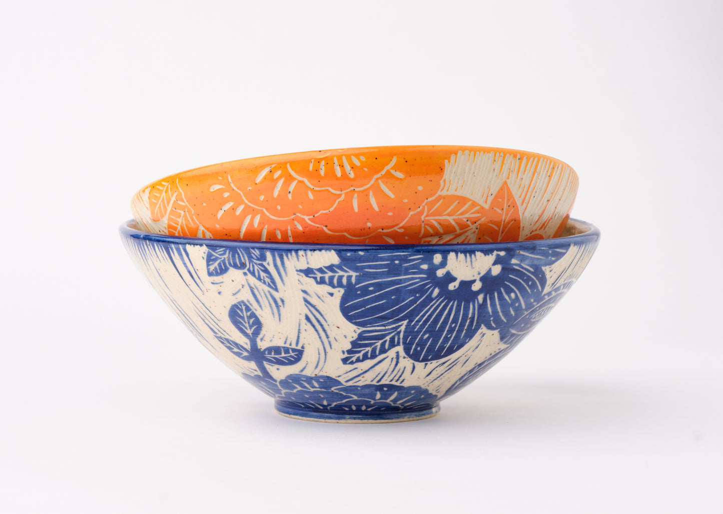 Serving Bowl with Blue Carved Flowers