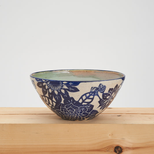 Blue Flower Bowl with Green Interior