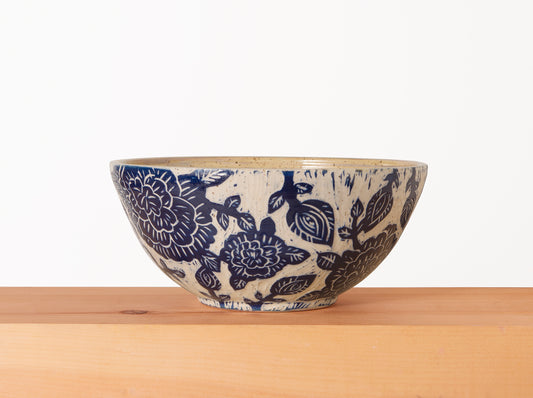 Serving Bowl with Blue Carved Flowers